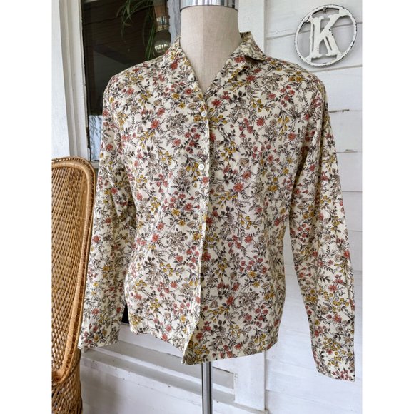 Vintage 1960s Womens Beige Floral Button Blouse Cotton blend Size Large - Picture 15 of 16